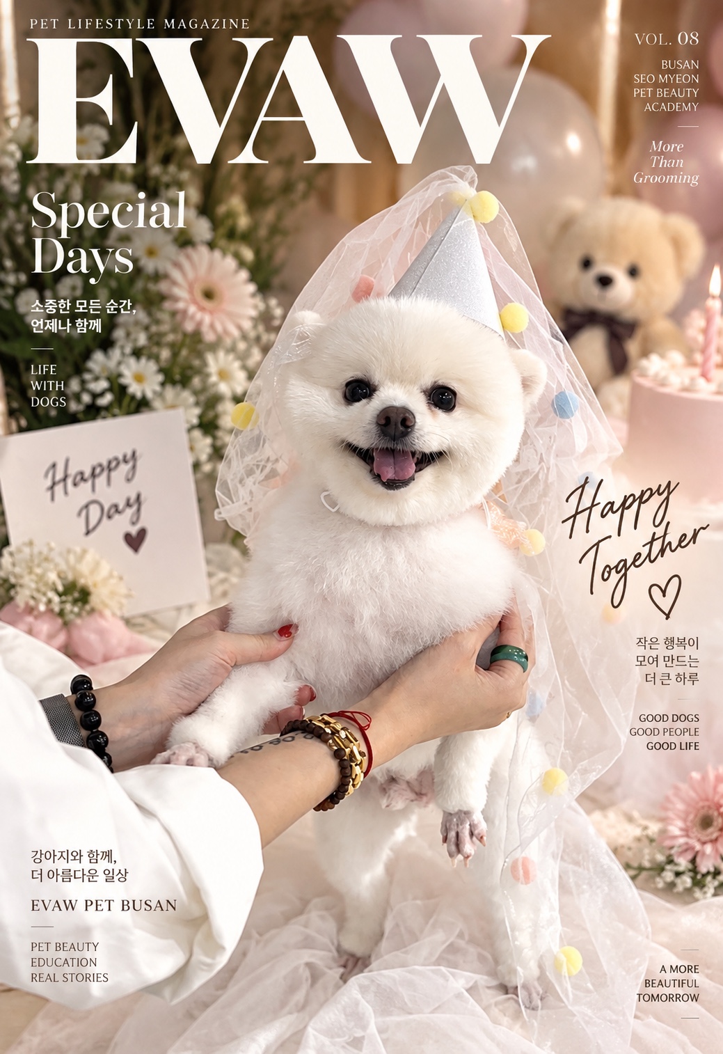 축하 소품과 함께 촬영한 흰색 반려견의 Special Days 화보